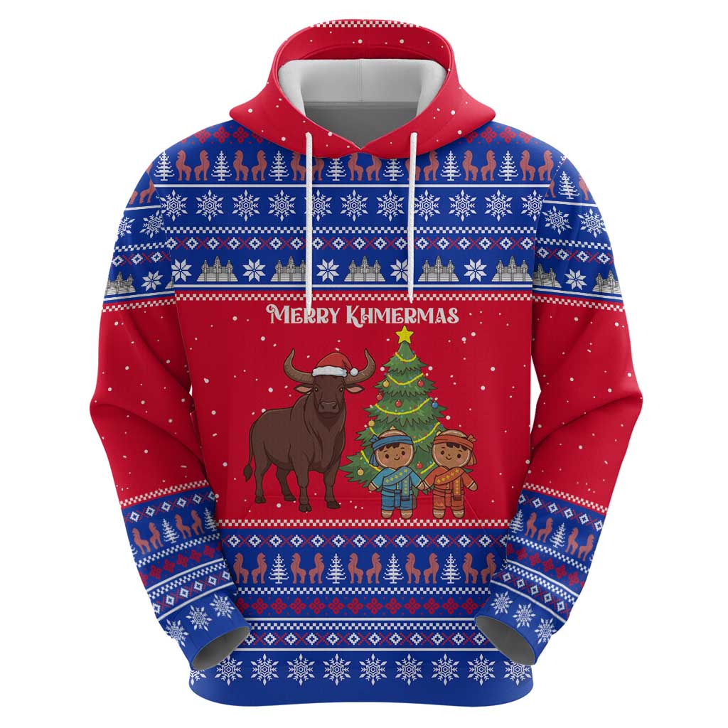 Cambodia Christmas Zip Hoodie with Buffalo Children Holiday Tree Snowflakes and Khmer Pattern Design - Wonder Print Shop