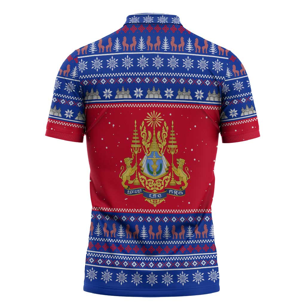 Cambodia Christmas Zipper Polo Shirt with Buffalo Children Holiday Tree Snowflakes and Khmer Pattern Design - Wonder Print Shop