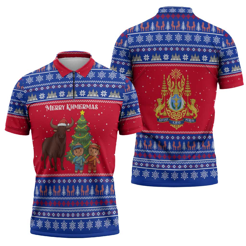 Cambodia Christmas Zipper Polo Shirt with Buffalo Children Holiday Tree Snowflakes and Khmer Pattern Design - Wonder Print Shop