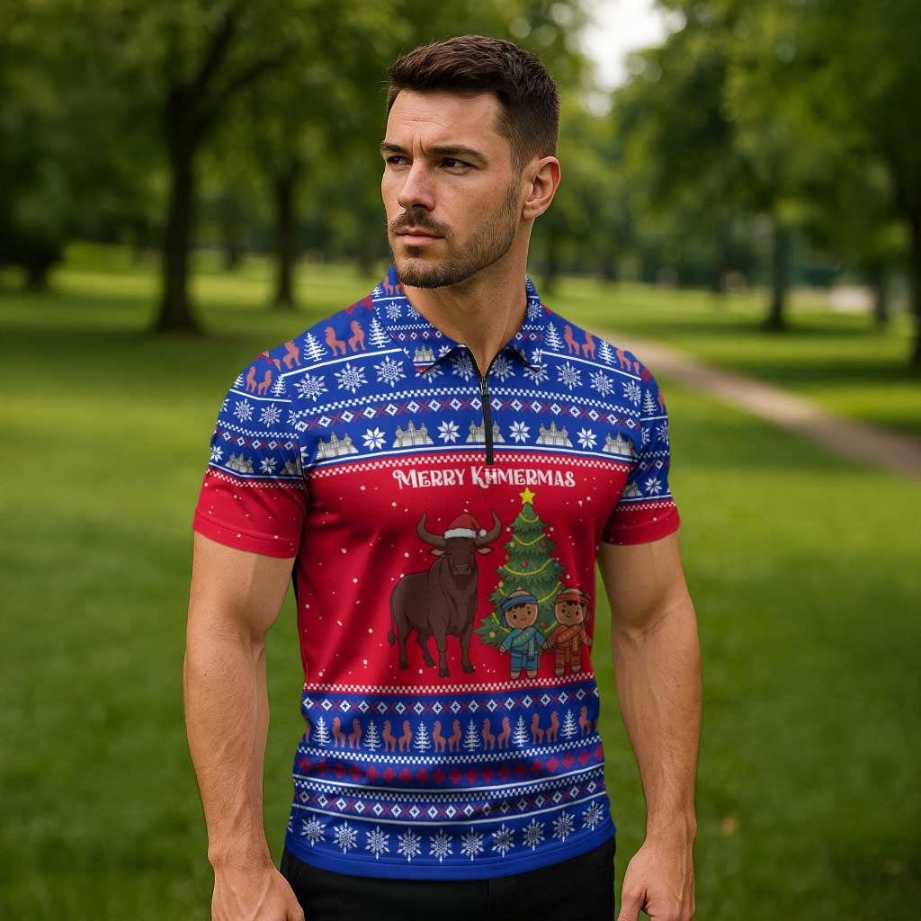 Cambodia Christmas Zipper Polo Shirt with Buffalo Children Holiday Tree Snowflakes and Khmer Pattern Design - Wonder Print Shop