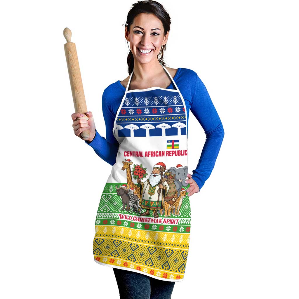 Central African Republic Christmas Apron with Santa and Safari Animals Baobab Trees Snowflakes and Tribal Pattern - Wonder Print Shop