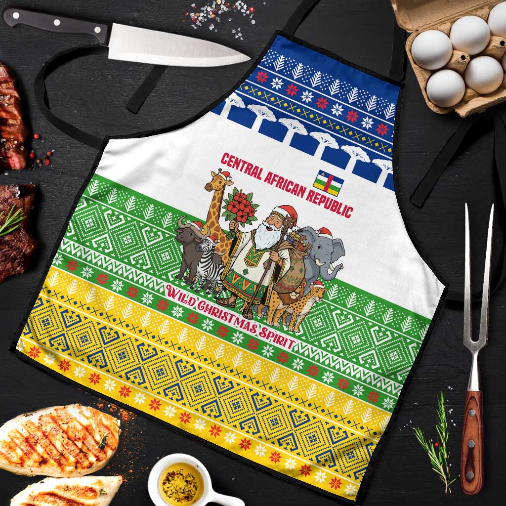 Central African Republic Christmas Apron with Santa and Safari Animals Baobab Trees Snowflakes and Tribal Pattern - Wonder Print Shop