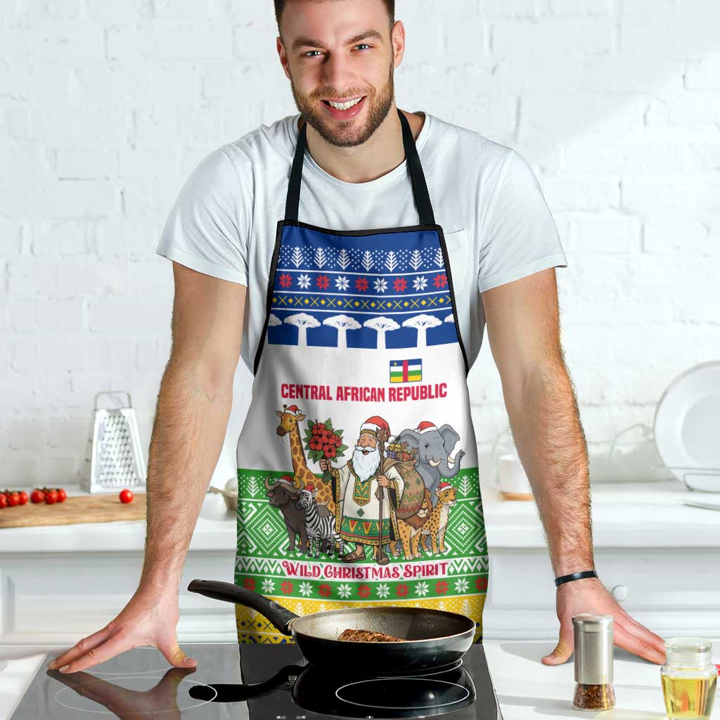 Central African Republic Christmas Apron with Santa and Safari Animals Baobab Trees Snowflakes and Tribal Pattern - Wonder Print Shop