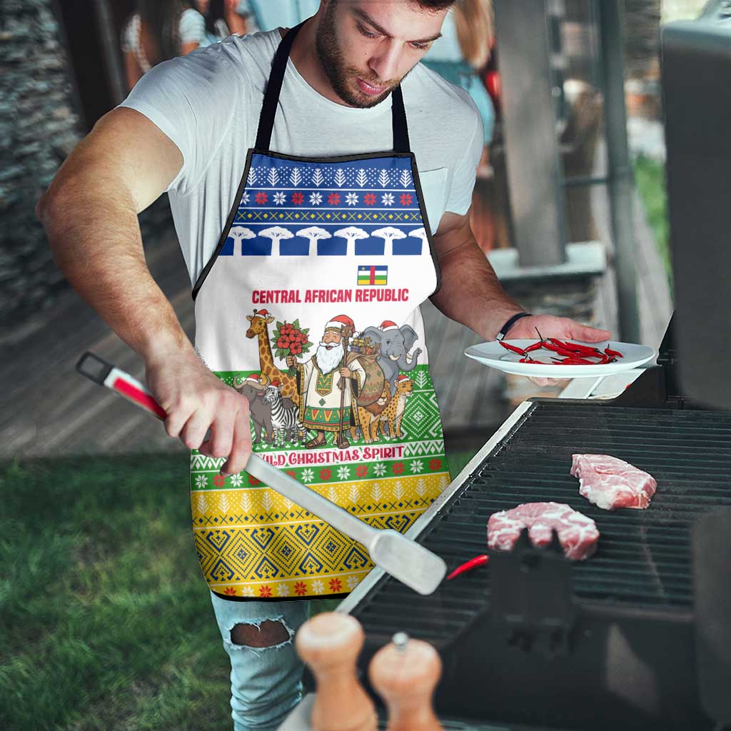 Central African Republic Christmas Apron with Santa and Safari Animals Baobab Trees Snowflakes and Tribal Pattern - Wonder Print Shop