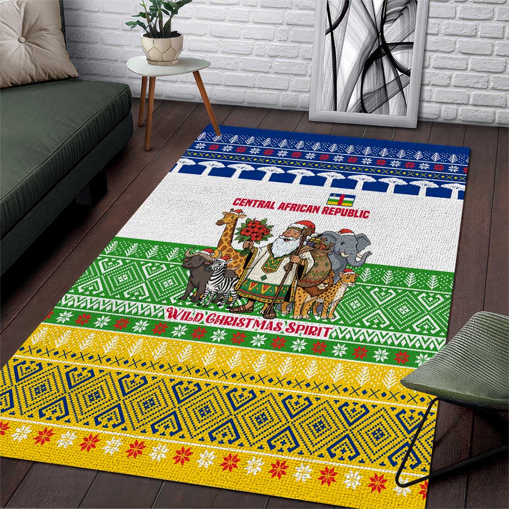 Central African Republic Christmas Area Rug with Santa and Safari Animals Baobab Trees Snowflakes and Tribal Pattern - Wonder Print Shop