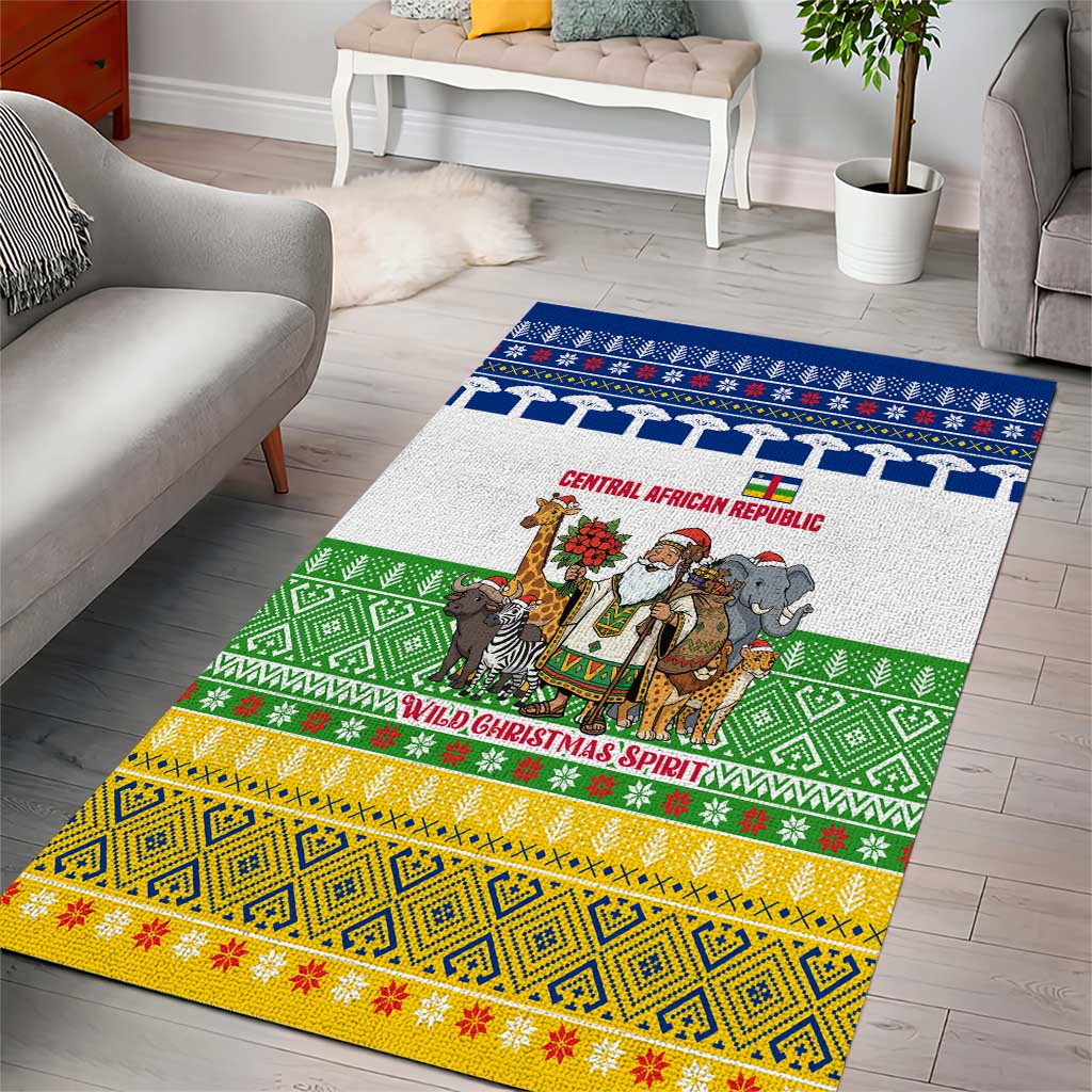 Central African Republic Christmas Area Rug with Santa and Safari Animals Baobab Trees Snowflakes and Tribal Pattern - Wonder Print Shop
