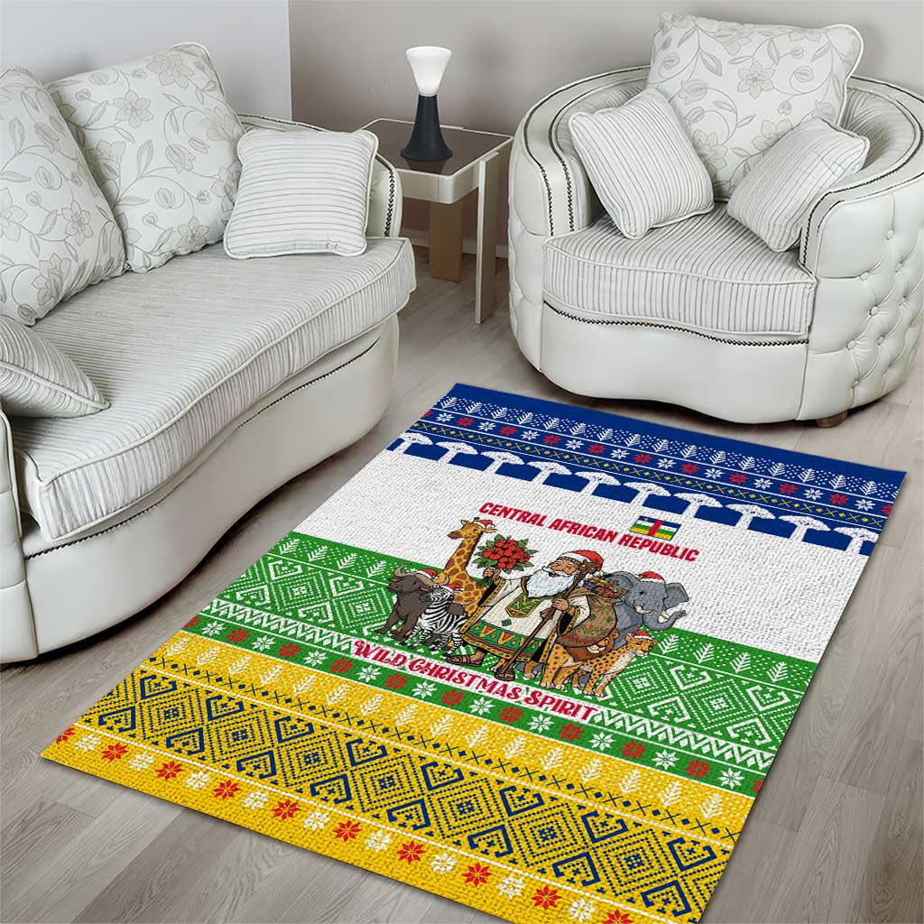 Central African Republic Christmas Area Rug with Santa and Safari Animals Baobab Trees Snowflakes and Tribal Pattern - Wonder Print Shop