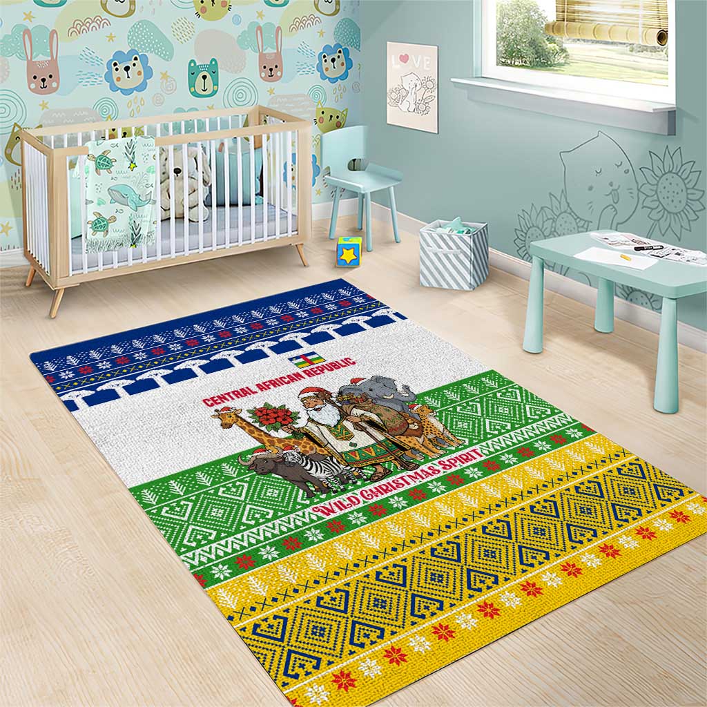 Central African Republic Christmas Area Rug with Santa and Safari Animals Baobab Trees Snowflakes and Tribal Pattern - Wonder Print Shop