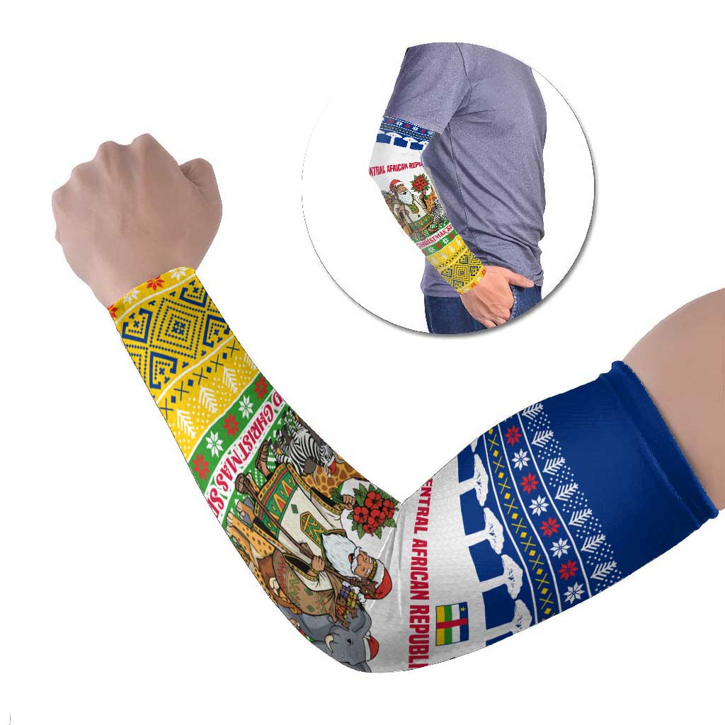 Central African Republic Christmas Arm Sleeves with Santa and Safari Animals Baobab Trees Snowflakes and Tribal Pattern - Wonder Print Shop
