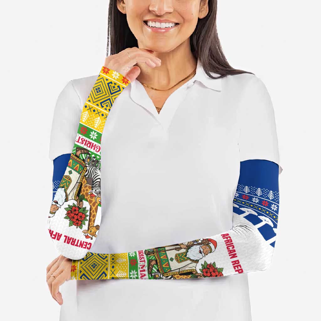 Central African Republic Christmas Arm Sleeves with Santa and Safari Animals Baobab Trees Snowflakes and Tribal Pattern - Wonder Print Shop