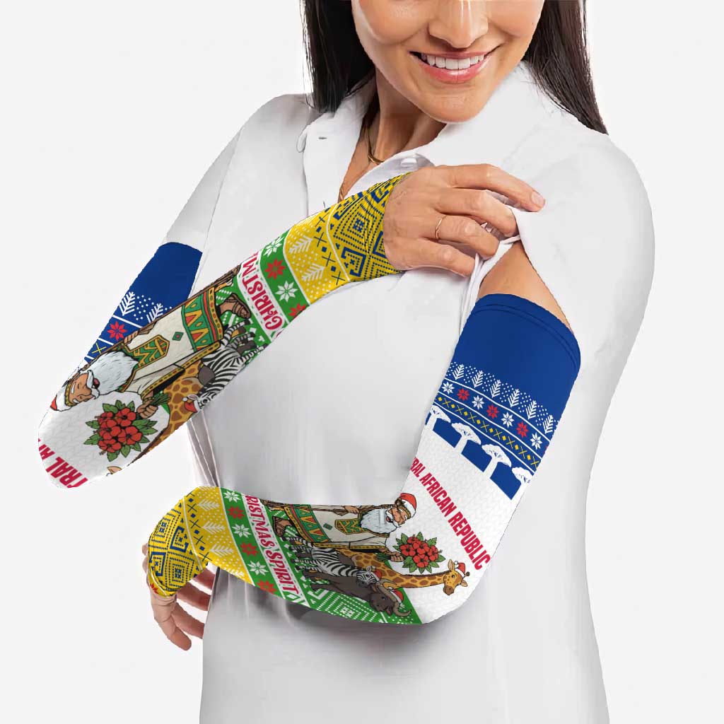 Central African Republic Christmas Arm Sleeves with Santa and Safari Animals Baobab Trees Snowflakes and Tribal Pattern - Wonder Print Shop