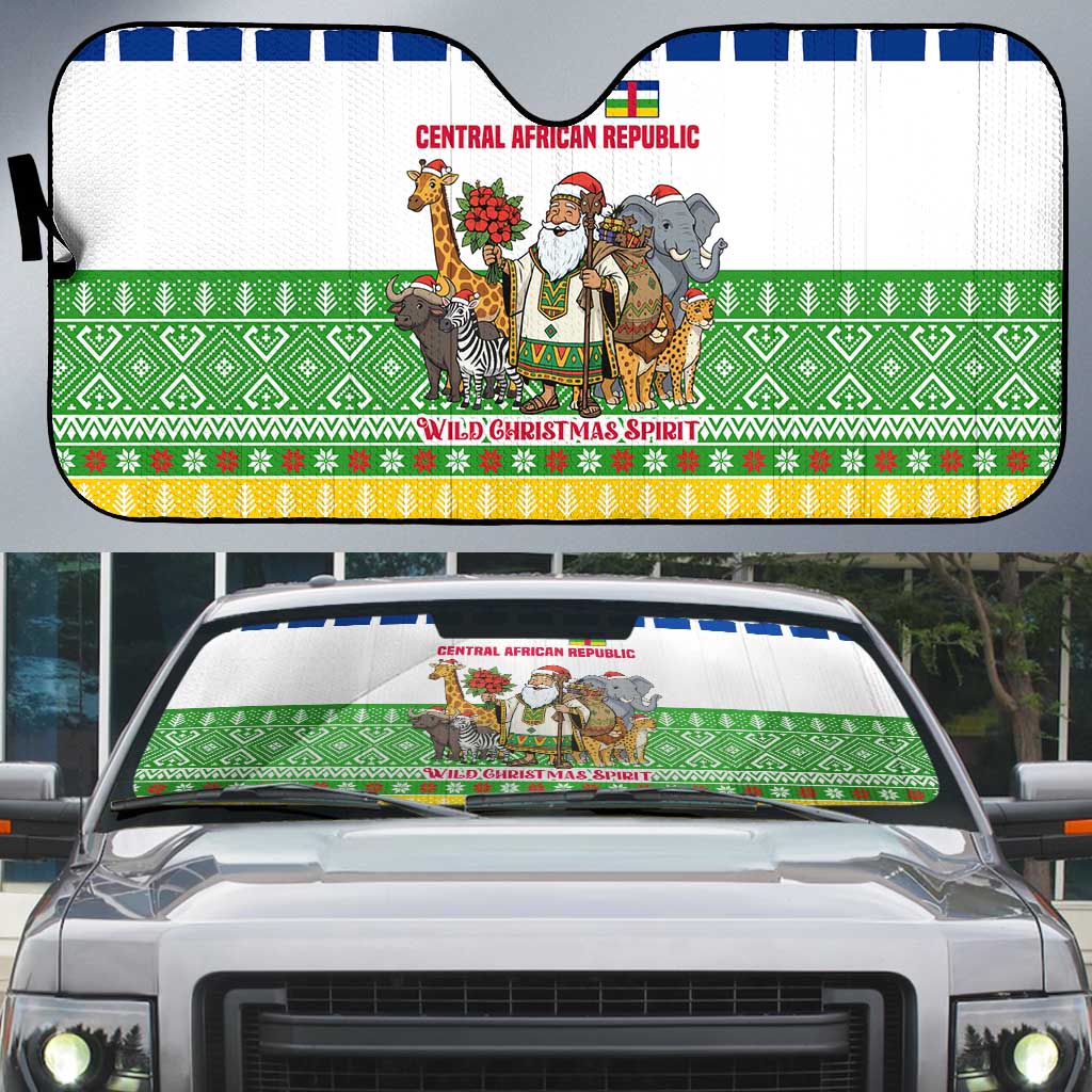 Central African Republic Christmas Auto Sun Shade with Santa and Safari Animals Baobab Trees Snowflakes and Tribal Pattern - Wonder Print Shop