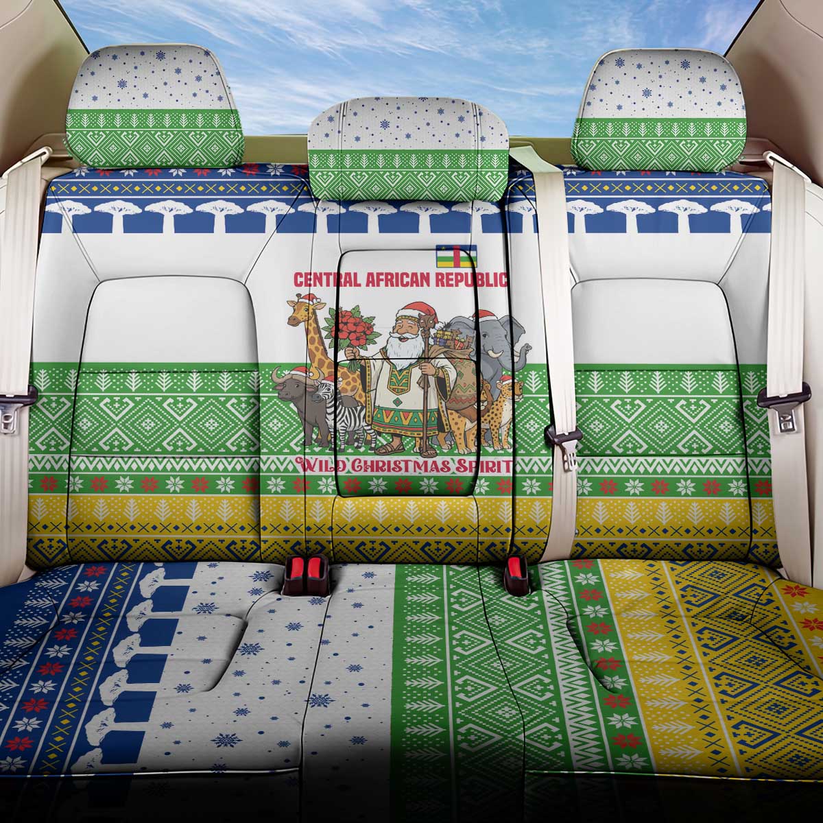 Central African Republic Christmas Back Car Seat Cover with Santa and Safari Animals Baobab Trees Snowflakes and Tribal Pattern - Wonder Print Shop
