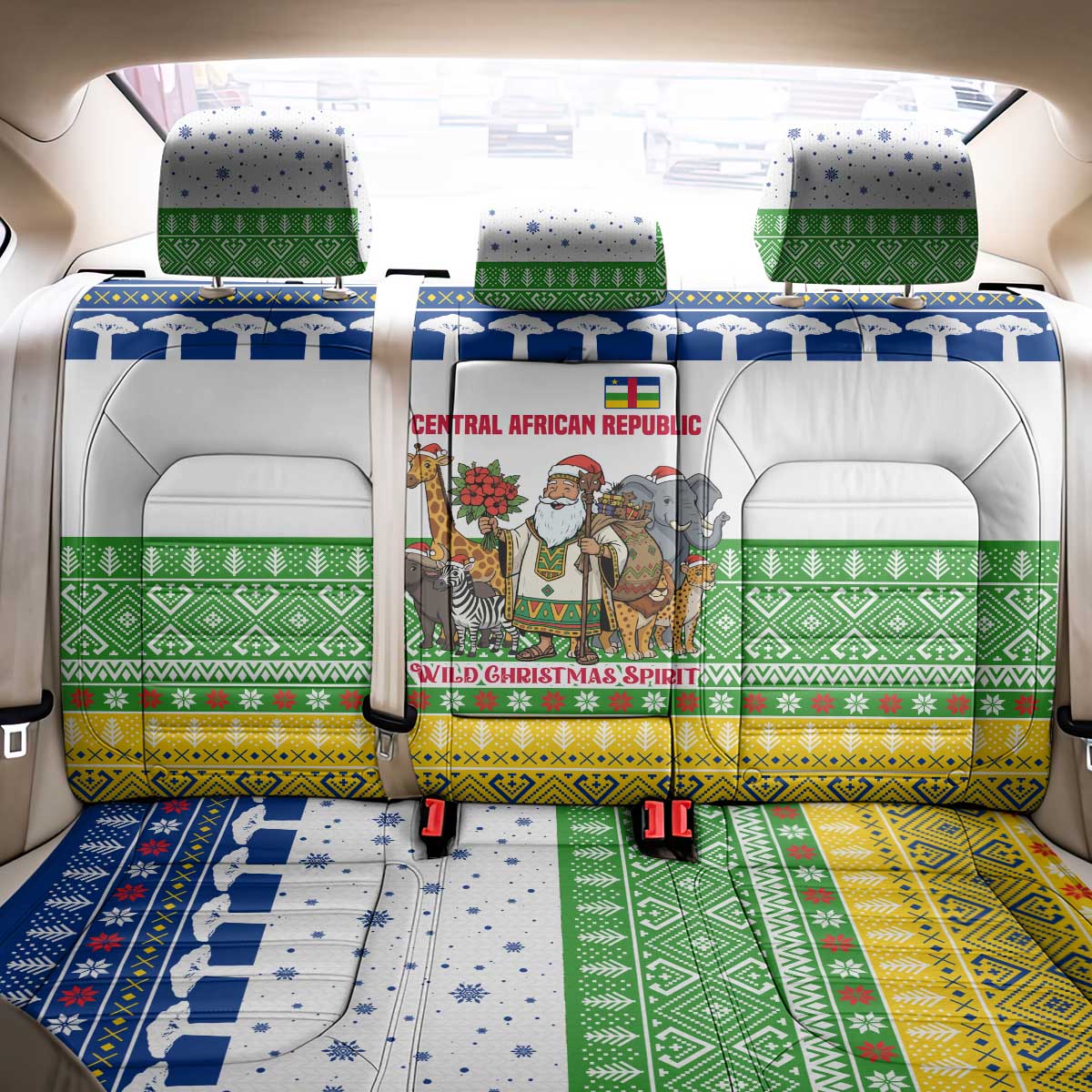Central African Republic Christmas Back Car Seat Cover with Santa and Safari Animals Baobab Trees Snowflakes and Tribal Pattern - Wonder Print Shop
