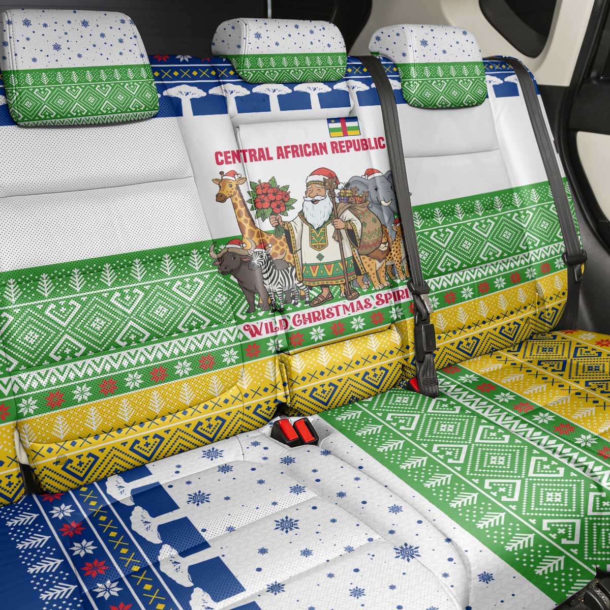 Central African Republic Christmas Back Car Seat Cover with Santa and Safari Animals Baobab Trees Snowflakes and Tribal Pattern - Wonder Print Shop
