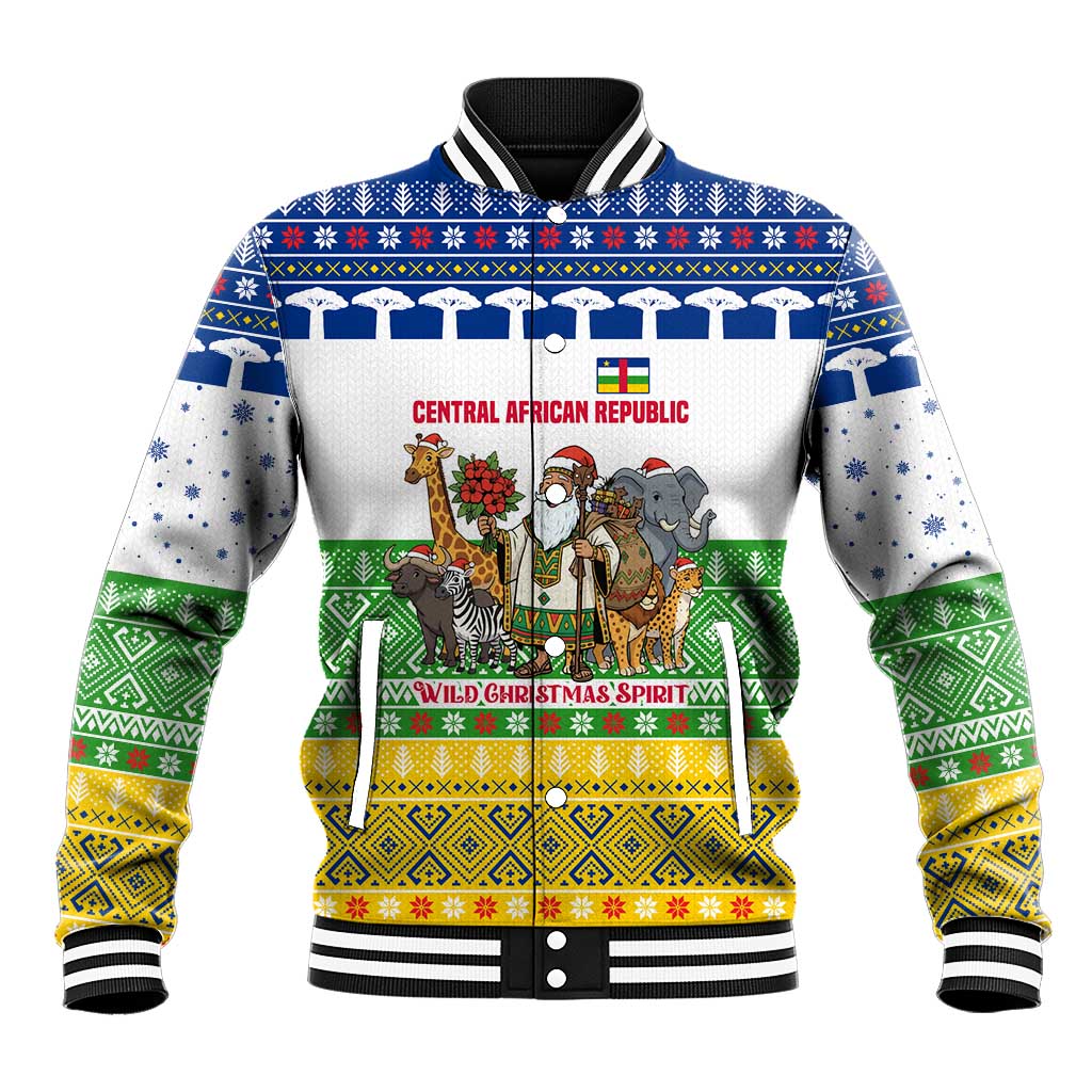 Central African Republic Christmas Baseball Jacket with Santa and Safari Animals Baobab Trees Snowflakes and Tribal Pattern - Wonder Print Shop