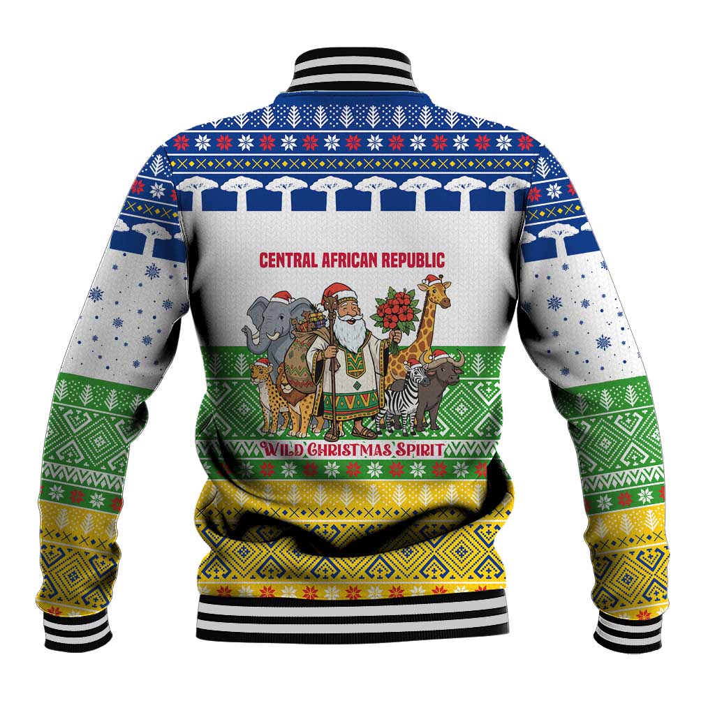 Central African Republic Christmas Baseball Jacket with Santa and Safari Animals Baobab Trees Snowflakes and Tribal Pattern - Wonder Print Shop