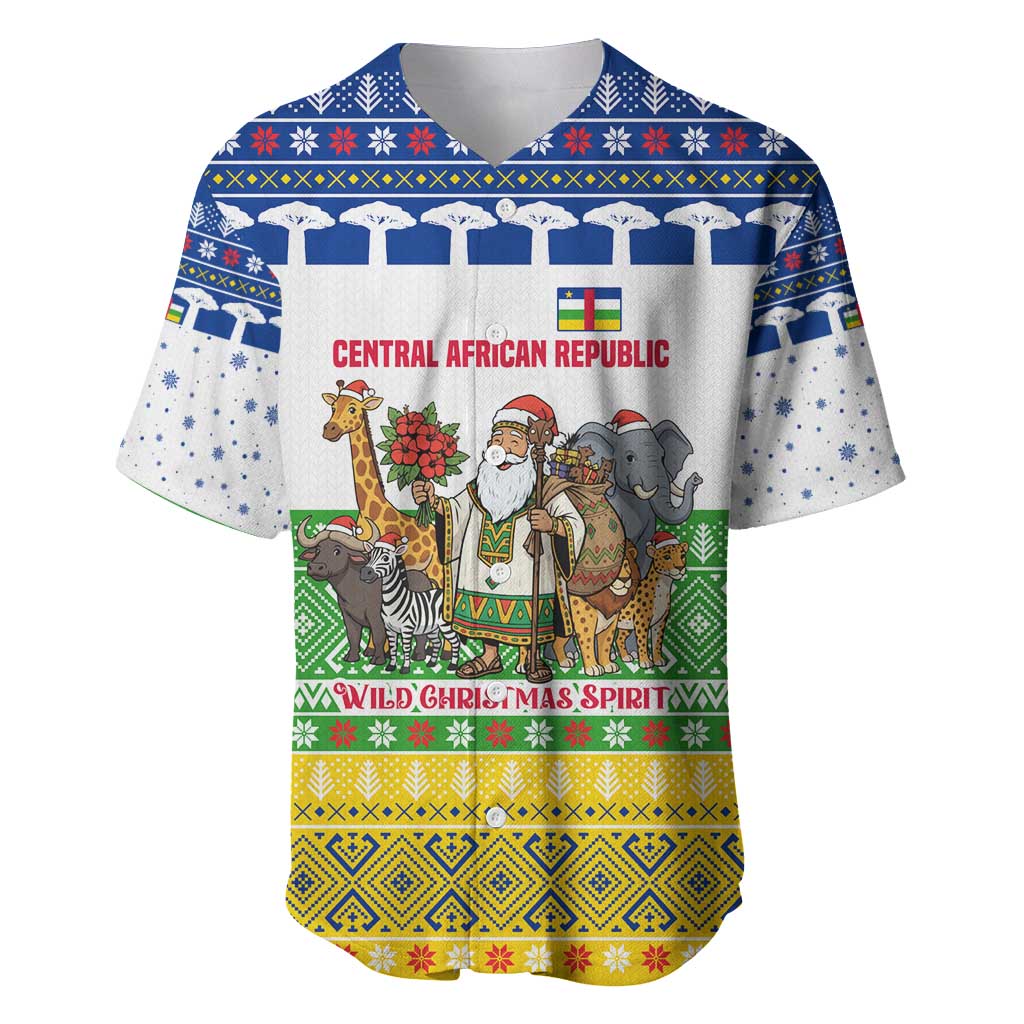Central African Republic Christmas Baseball Jersey with Santa and Safari Animals Baobab Trees Snowflakes and Tribal Pattern - Wonder Print Shop