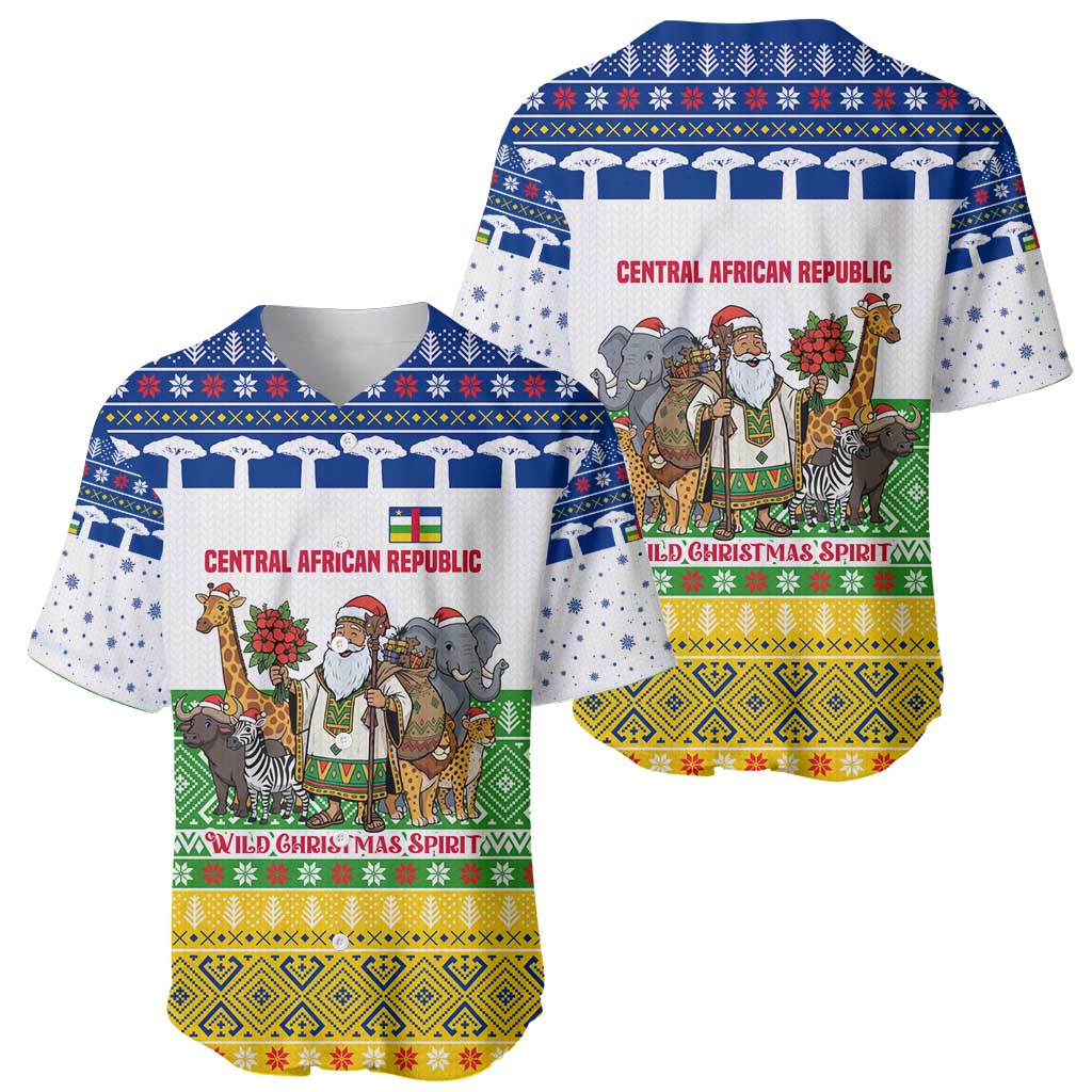 Central African Republic Christmas Baseball Jersey with Santa and Safari Animals Baobab Trees Snowflakes and Tribal Pattern - Wonder Print Shop