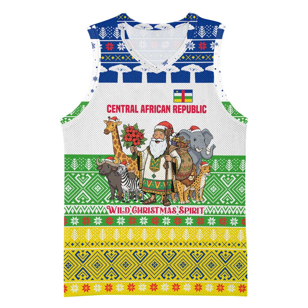 Central African Republic Christmas Basketball Jersey with Santa and Safari Animals Baobab Trees Snowflakes and Tribal Pattern - Wonder Print Shop
