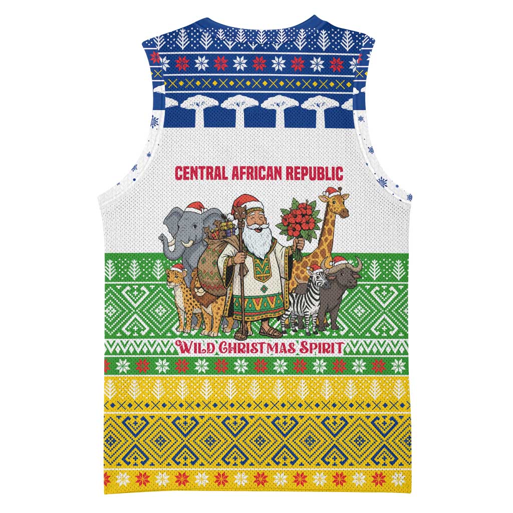 Central African Republic Christmas Basketball Jersey with Santa and Safari Animals Baobab Trees Snowflakes and Tribal Pattern - Wonder Print Shop