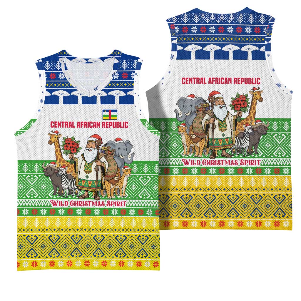 Central African Republic Christmas Basketball Jersey with Santa and Safari Animals Baobab Trees Snowflakes and Tribal Pattern - Wonder Print Shop