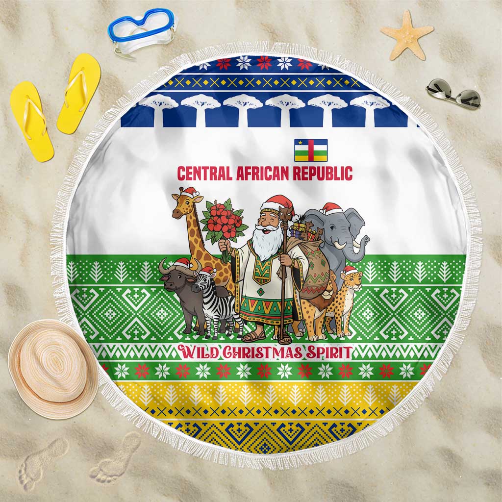 Central African Republic Christmas Beach Blanket with Santa and Safari Animals Baobab Trees Snowflakes and Tribal Pattern - Wonder Print Shop