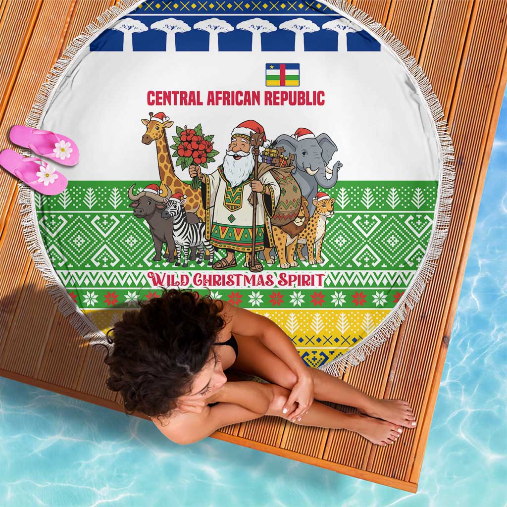 Central African Republic Christmas Beach Blanket with Santa and Safari Animals Baobab Trees Snowflakes and Tribal Pattern - Wonder Print Shop