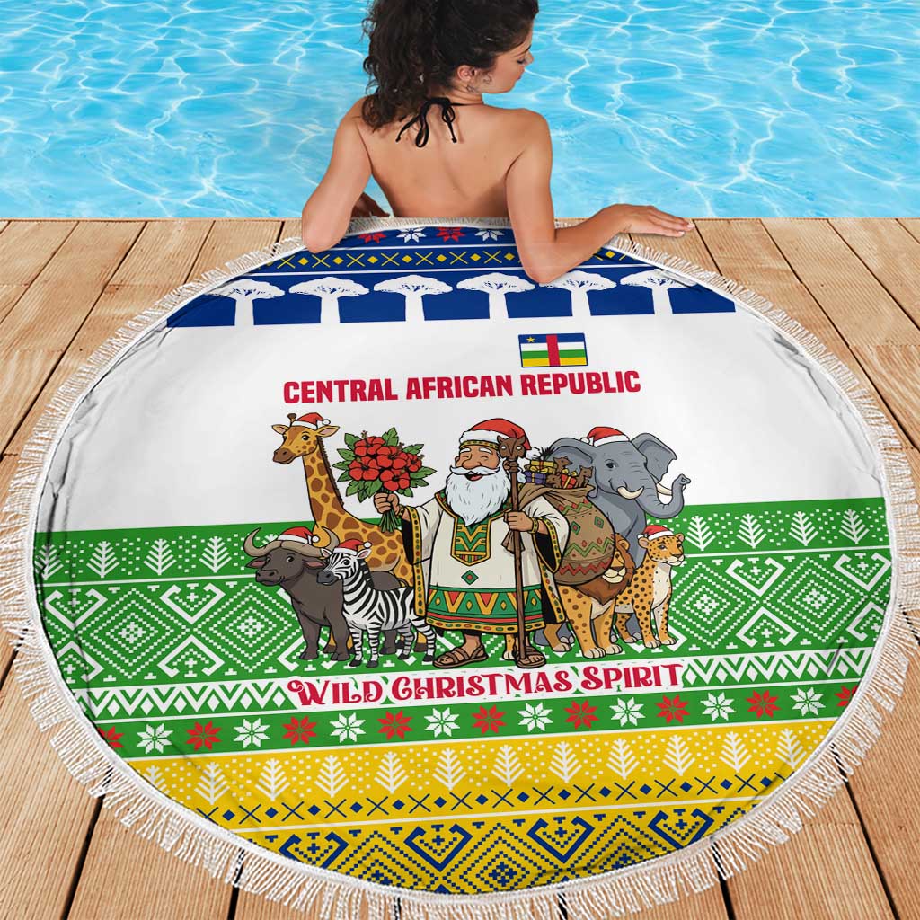 Central African Republic Christmas Beach Blanket with Santa and Safari Animals Baobab Trees Snowflakes and Tribal Pattern - Wonder Print Shop