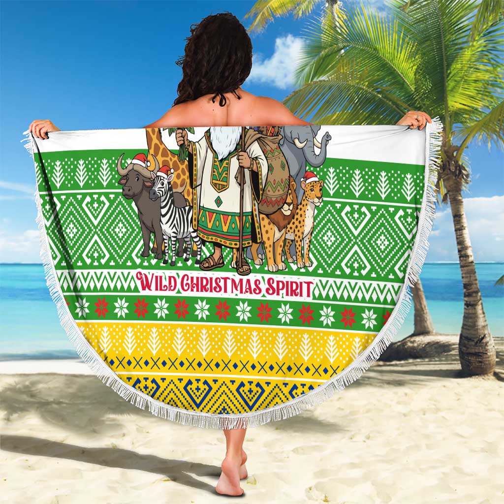 Central African Republic Christmas Beach Blanket with Santa and Safari Animals Baobab Trees Snowflakes and Tribal Pattern - Wonder Print Shop