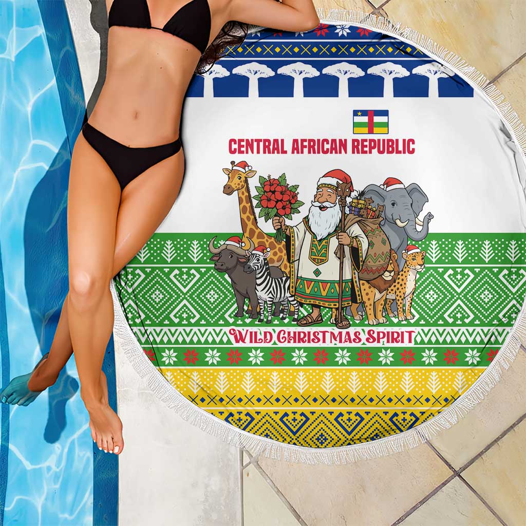 Central African Republic Christmas Beach Blanket with Santa and Safari Animals Baobab Trees Snowflakes and Tribal Pattern - Wonder Print Shop