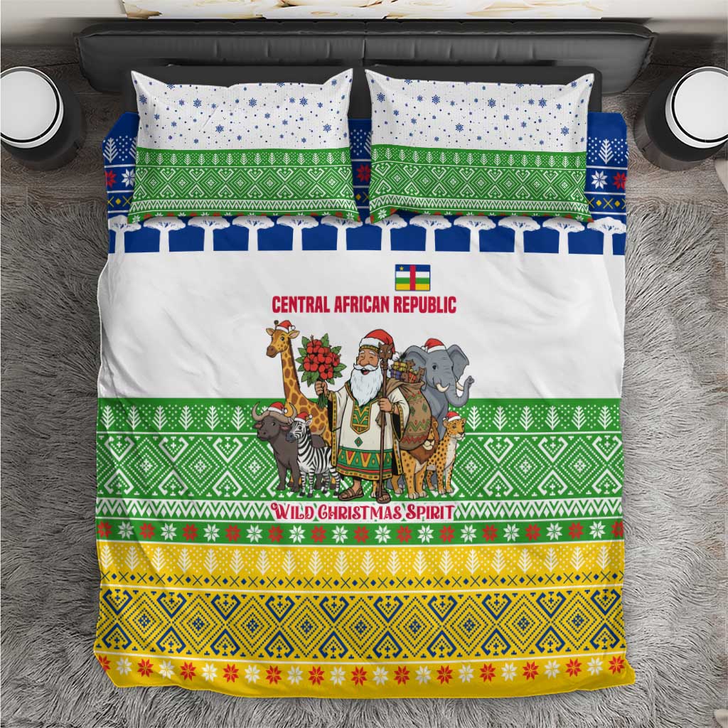 Central African Republic Christmas Bedding Set with Santa and Safari Animals Baobab Trees Snowflakes and Tribal Pattern - Wonder Print Shop
