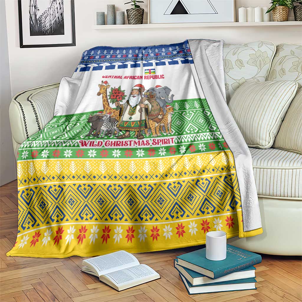 Central African Republic Christmas Blanket with Santa and Safari Animals Baobab Trees Snowflakes and Tribal Pattern - Wonder Print Shop