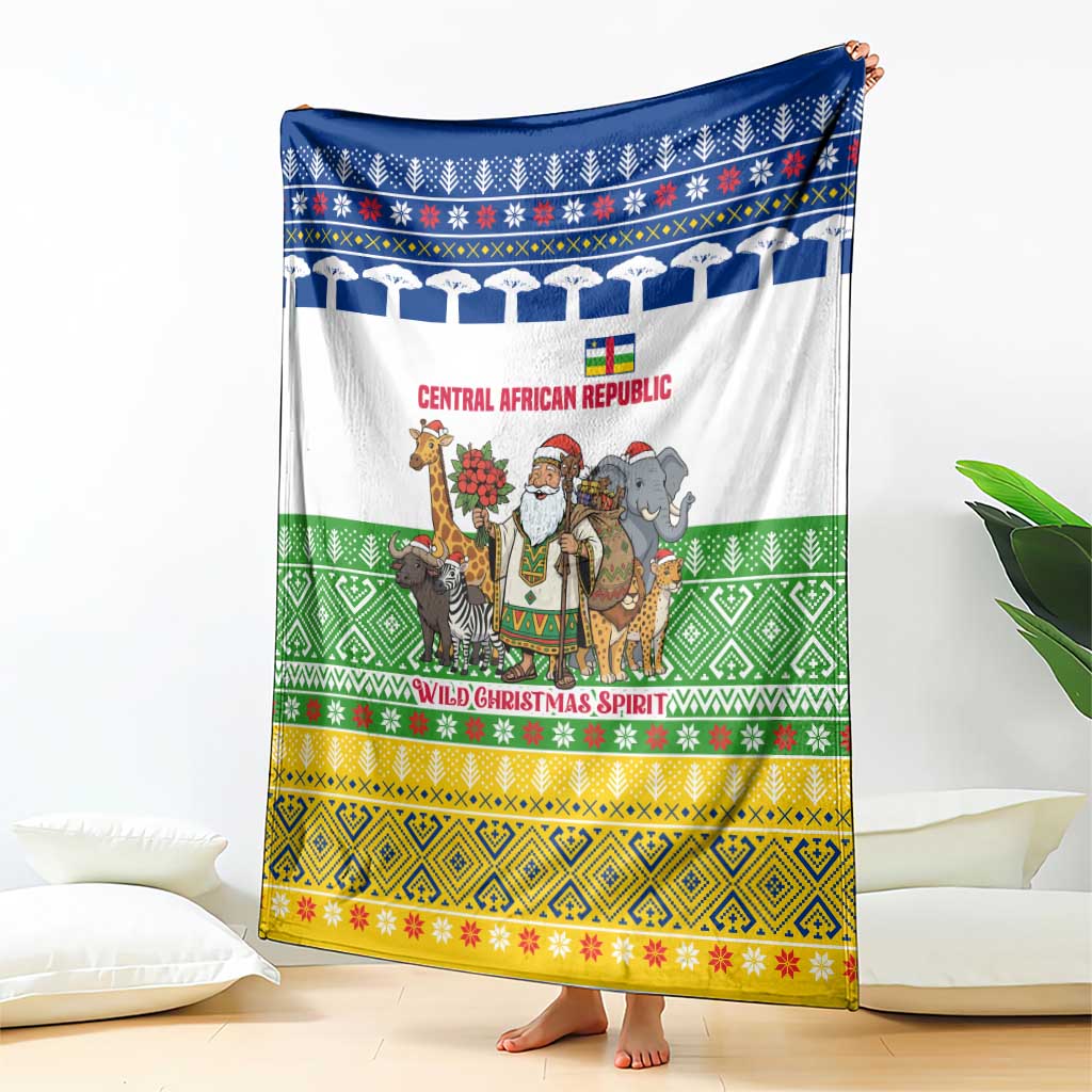 Central African Republic Christmas Blanket with Santa and Safari Animals Baobab Trees Snowflakes and Tribal Pattern - Wonder Print Shop