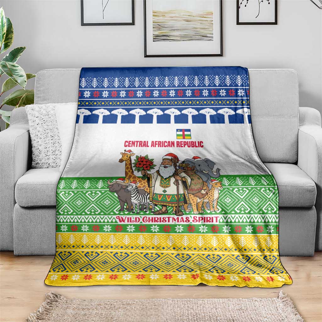 Central African Republic Christmas Blanket with Santa and Safari Animals Baobab Trees Snowflakes and Tribal Pattern - Wonder Print Shop