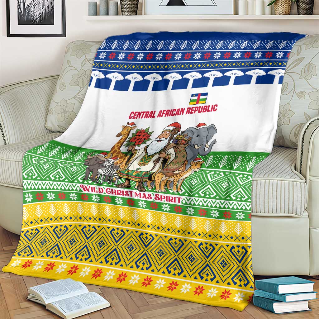 Central African Republic Christmas Blanket with Santa and Safari Animals Baobab Trees Snowflakes and Tribal Pattern - Wonder Print Shop