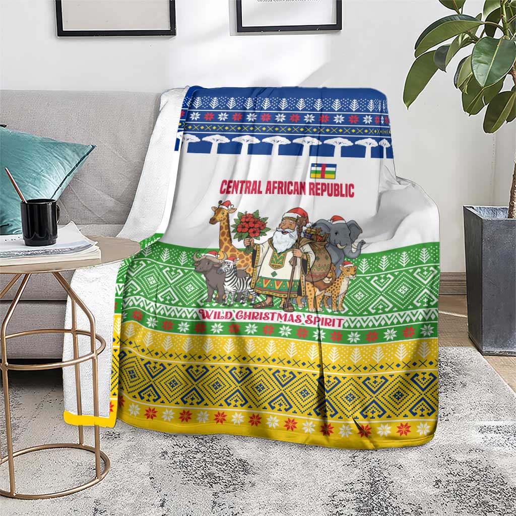 Central African Republic Christmas Blanket with Santa and Safari Animals Baobab Trees Snowflakes and Tribal Pattern - Wonder Print Shop