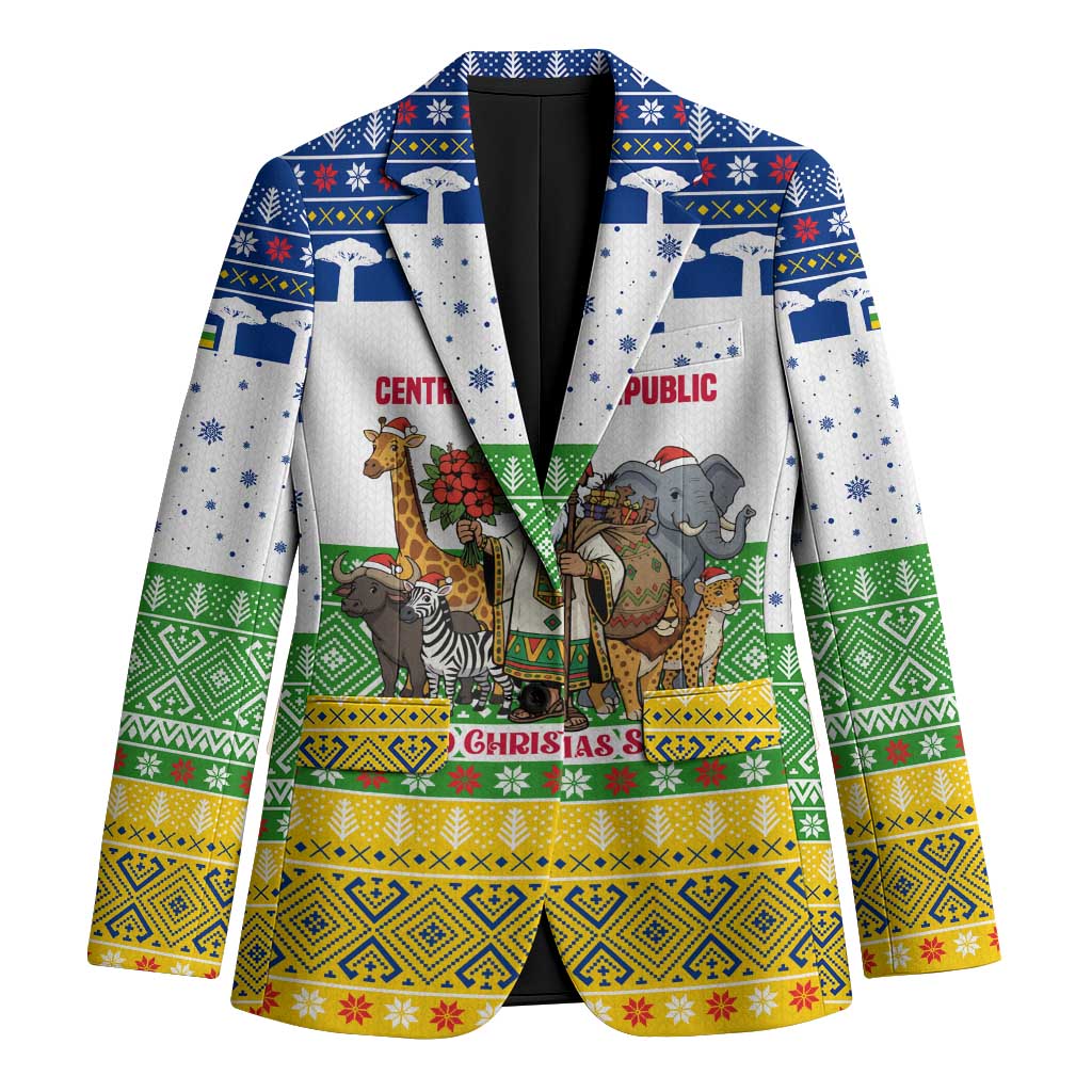 Central African Republic Christmas Blazer with Santa and Safari Animals Baobab Trees Snowflakes and Tribal Pattern - Wonder Print Shop