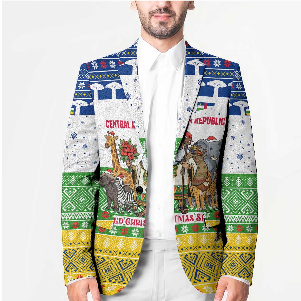 Central African Republic Christmas Blazer with Santa and Safari Animals Baobab Trees Snowflakes and Tribal Pattern - Wonder Print Shop