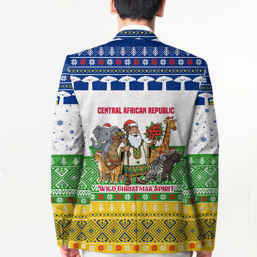 Central African Republic Christmas Blazer with Santa and Safari Animals Baobab Trees Snowflakes and Tribal Pattern - Wonder Print Shop