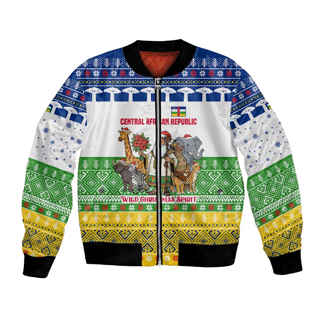 Central African Republic Christmas Bomber Jacket with Santa and Safari Animals Baobab Trees Snowflakes and Tribal Pattern - Wonder Print Shop