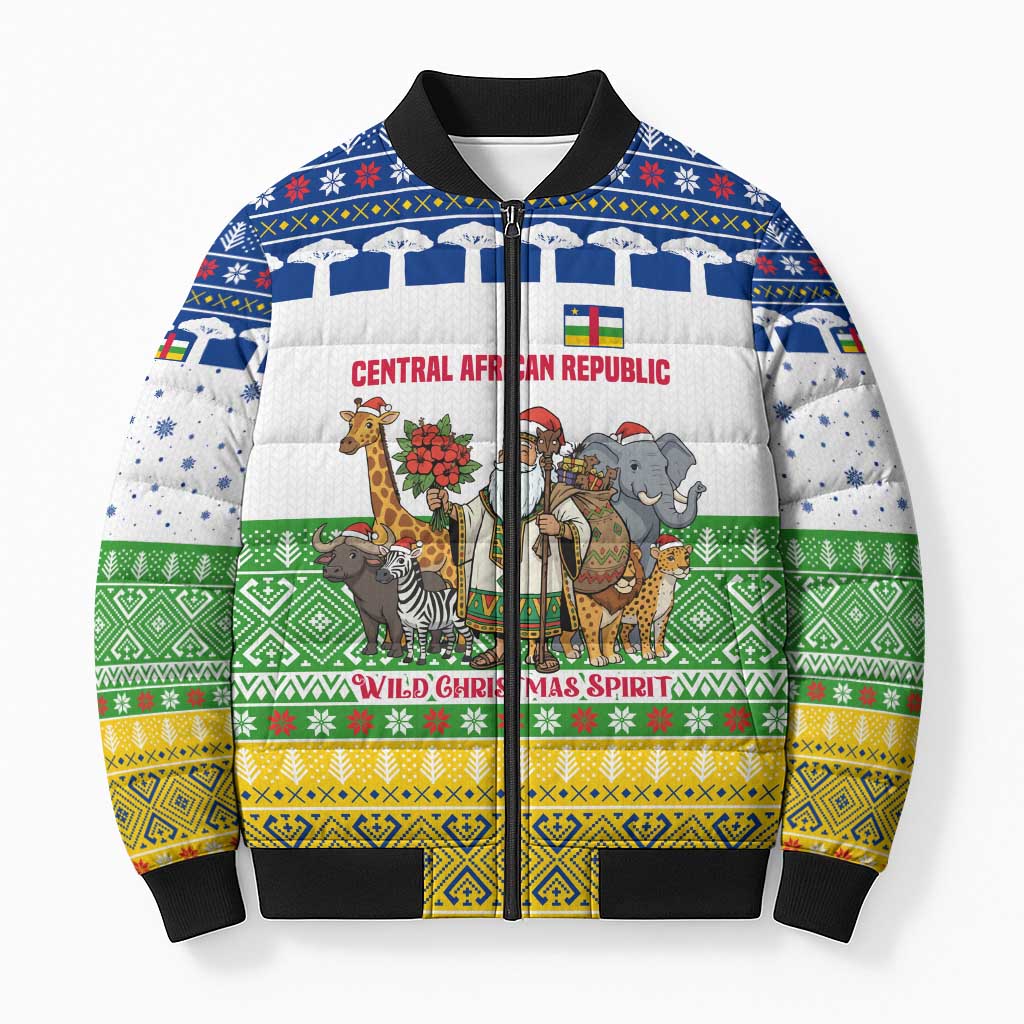 Central African Republic Christmas Bomber Puffer Jacket with Santa and Safari Animals Baobab Trees Snowflakes and Tribal Pattern - Wonder Print Shop
