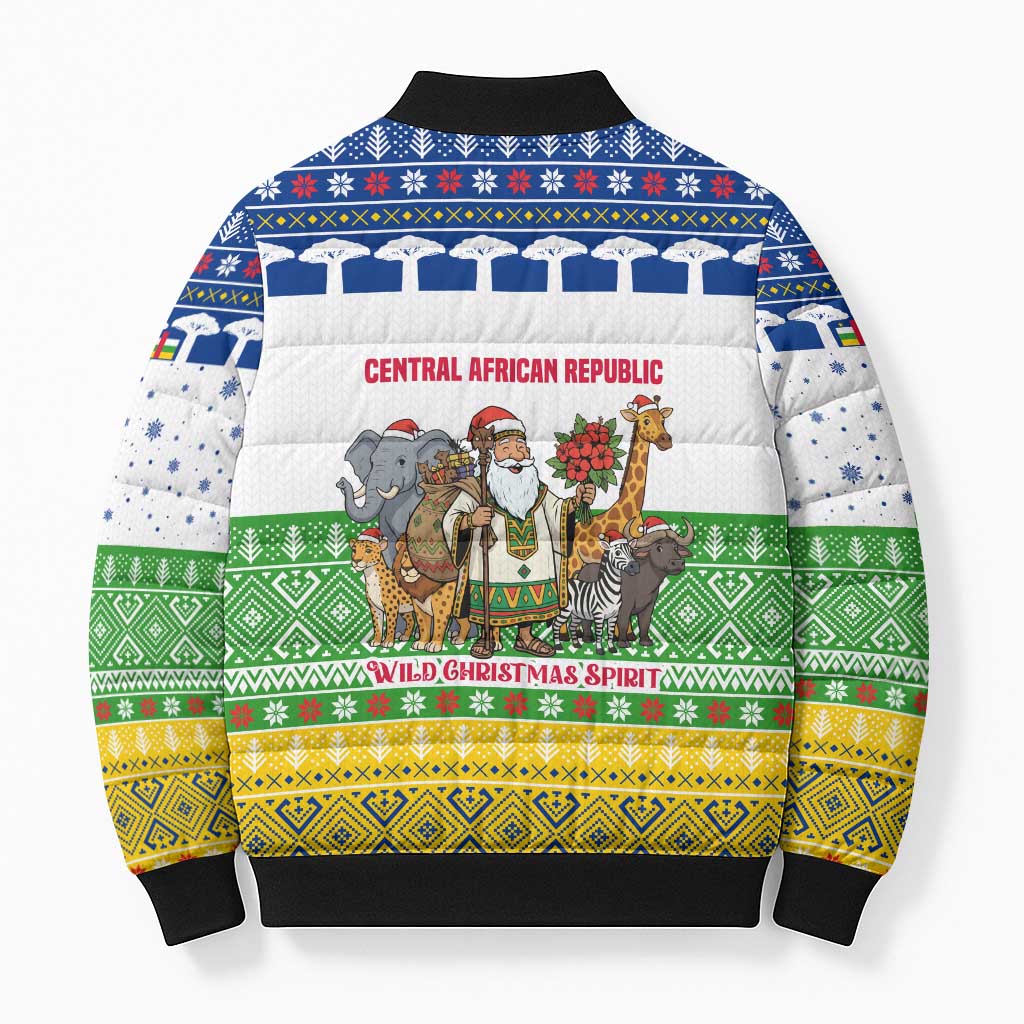Central African Republic Christmas Bomber Puffer Jacket with Santa and Safari Animals Baobab Trees Snowflakes and Tribal Pattern - Wonder Print Shop