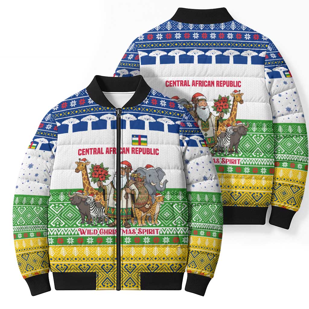 Central African Republic Christmas Bomber Puffer Jacket with Santa and Safari Animals Baobab Trees Snowflakes and Tribal Pattern - Wonder Print Shop