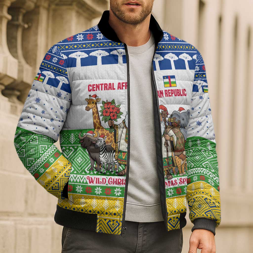 Central African Republic Christmas Bomber Puffer Jacket with Santa and Safari Animals Baobab Trees Snowflakes and Tribal Pattern - Wonder Print Shop