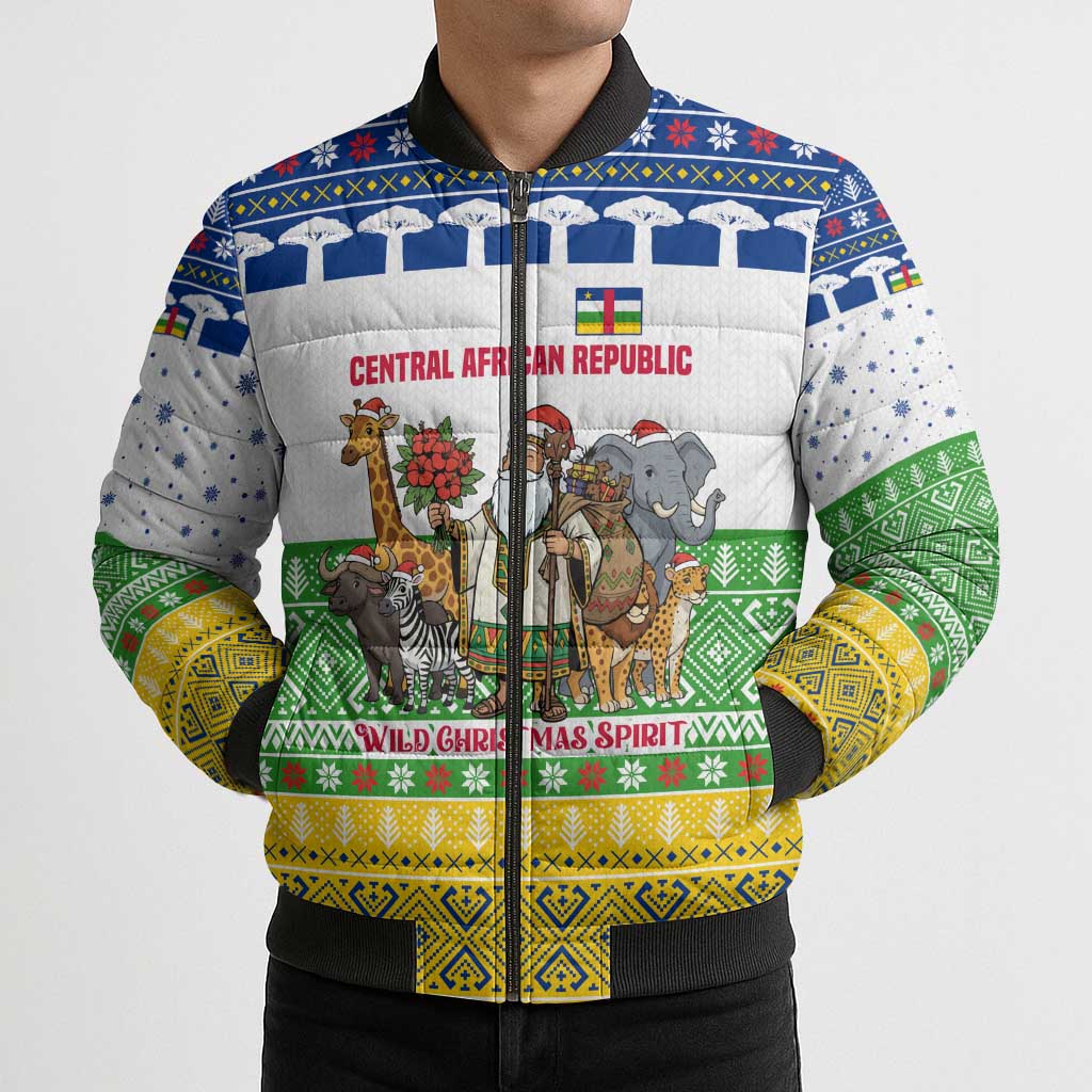 Central African Republic Christmas Bomber Puffer Jacket with Santa and Safari Animals Baobab Trees Snowflakes and Tribal Pattern - Wonder Print Shop