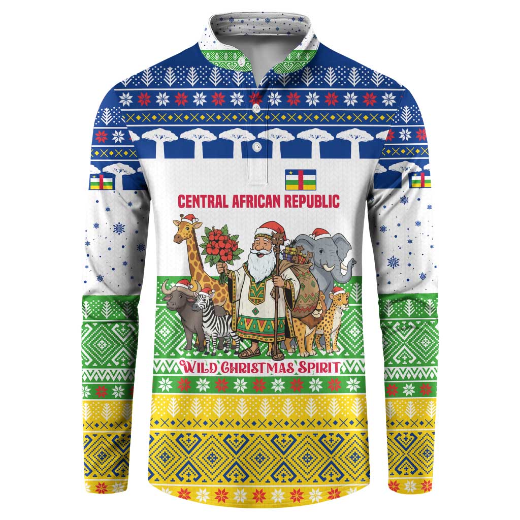 Central African Republic Christmas Button Sweatshirt with Santa and Safari Animals Baobab Trees Snowflakes and Tribal Pattern - Wonder Print Shop