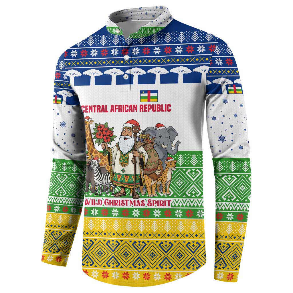 Central African Republic Christmas Button Sweatshirt with Santa and Safari Animals Baobab Trees Snowflakes and Tribal Pattern - Wonder Print Shop