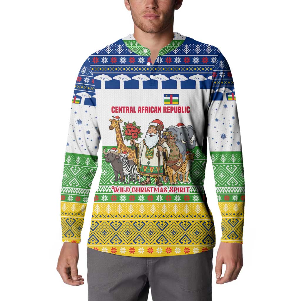 Central African Republic Christmas Button Sweatshirt with Santa and Safari Animals Baobab Trees Snowflakes and Tribal Pattern - Wonder Print Shop