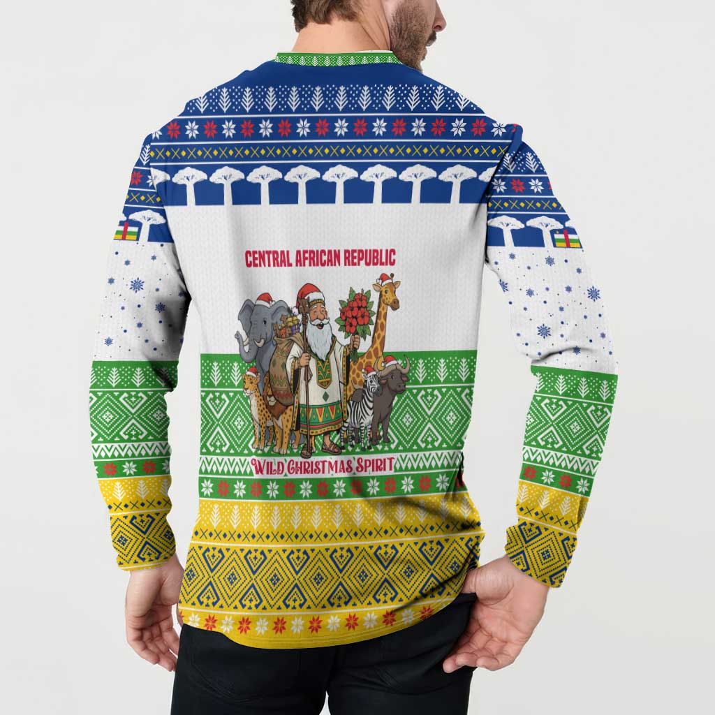 Central African Republic Christmas Button Sweatshirt with Santa and Safari Animals Baobab Trees Snowflakes and Tribal Pattern - Wonder Print Shop